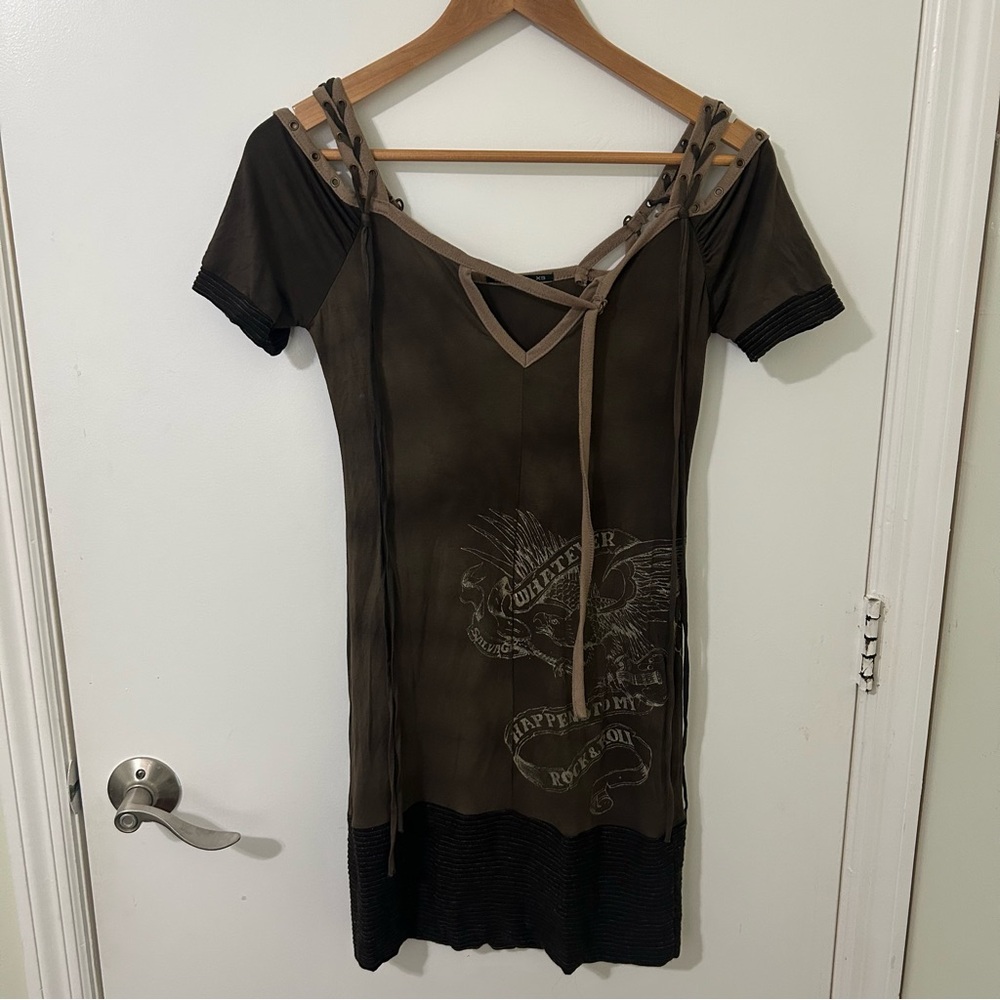 Salvage | Brown Tan Short Sleeve Strappy Graphic Print Mini Dress | Size Small